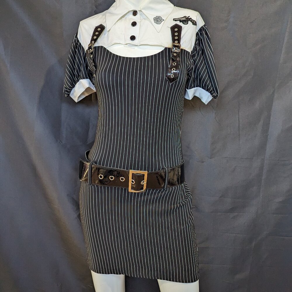 Women Gangster Adult Dress 1920s Pinstripe Glam Halloween Costume W/ belt Garter